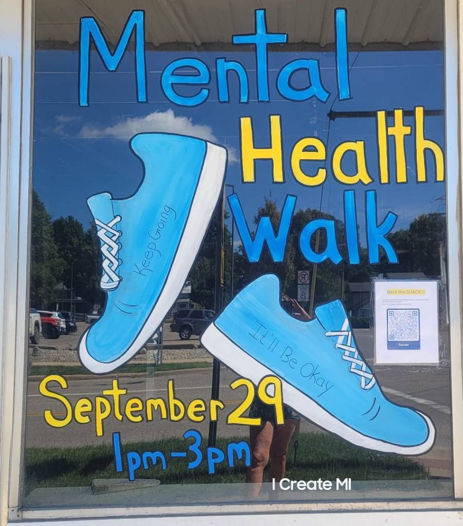 Poster for a Mental Health Walk showing blue sneakers and the event date and time.