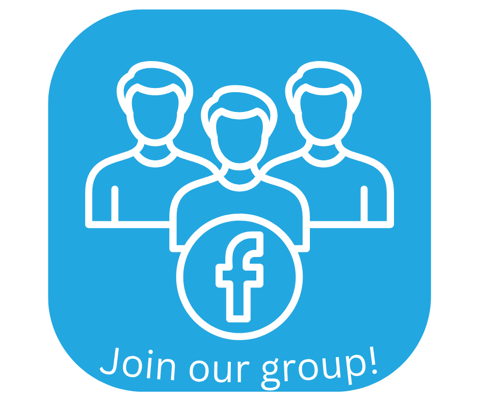 Graphic with three outlined figures on a blue rounded square background, a Facebook logo centered in front, and the text “Join our group!” at the bottom.