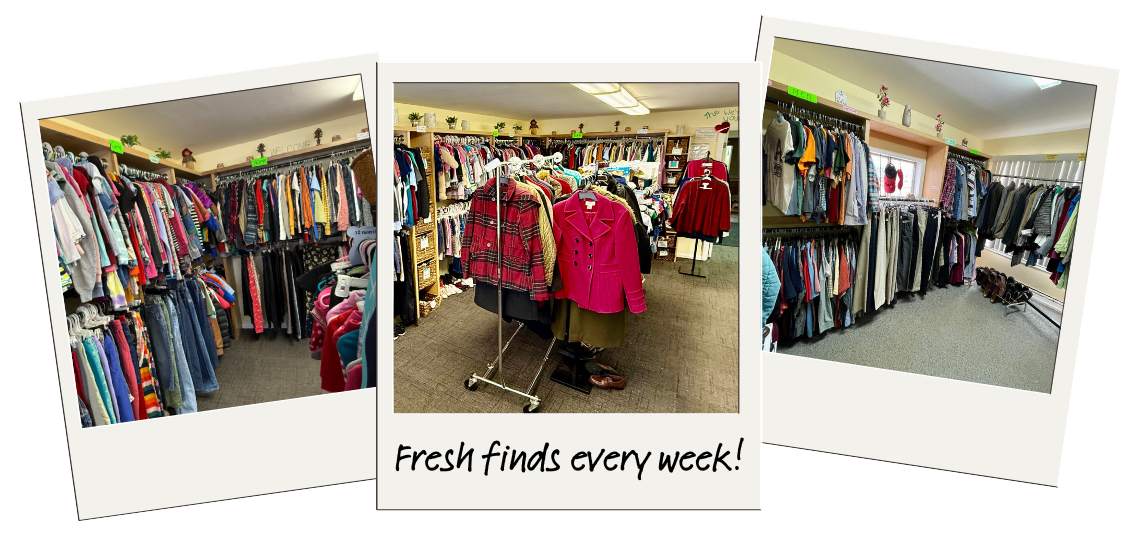 Collage of three Polaroid-style photos showing the inside of The Shack’s free clothing shop. The images display neatly organized racks of adult and children’s clothing in a bright, welcoming space, with the handwritten caption “Fresh finds every week!” beneath the center photo.